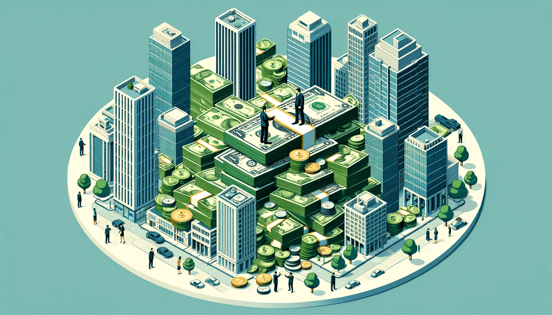 An illustration meant to visualize channel partners. It depicts a pile of money surrounded by office buildings with people shaking hands and making deals.
